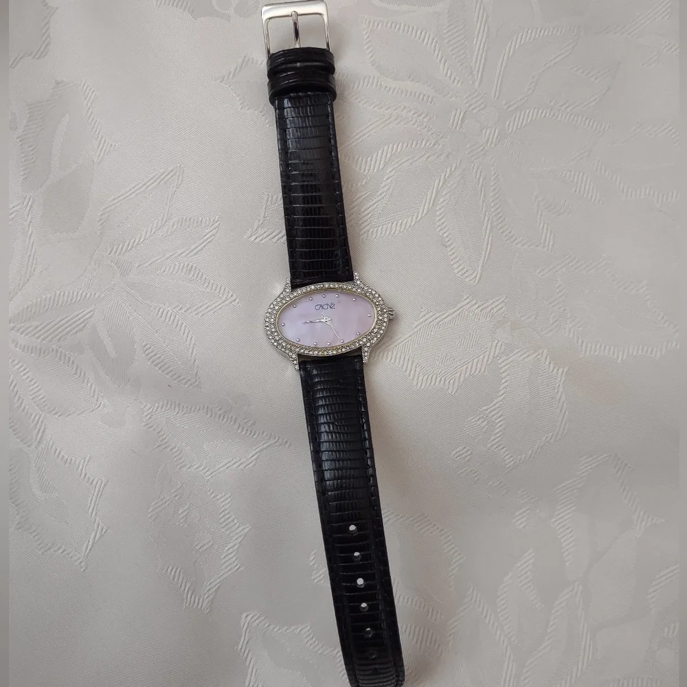 Cache Oval Crystals Pink Mother Of Pearl Watch Lizard Black Leather Strap